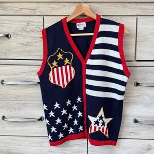 Vintage Patriotic Ugly Sweater Vest Red White Blue America Knit Vest Size Large